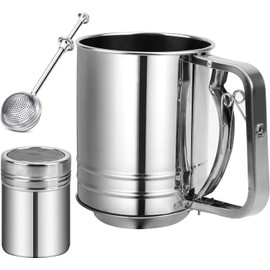 Flour Sifter Stainless Steel,3 Cup Flour Sifter for Baking,3 in1 Sifter for Baking with Powdered Sugar Shaker Duster, Flour Shaker Duster for Baking Cakes, Pastries, Pies, Cupcakes and Desserts