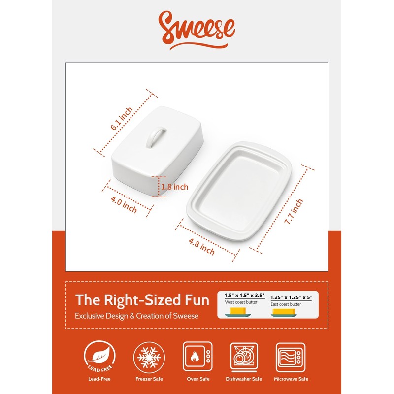 Sweese Large Butter Dish with Lid for Countertop, Porcelain 8oz