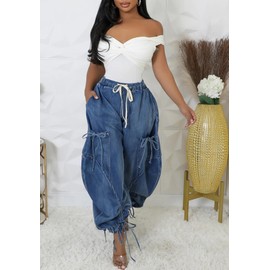 NRTHYE Women Baggy Cargo Jeans Joggers Drawstring High Waist Loose Harem Wide Leg Denim Pants Sweatpants with Pockets