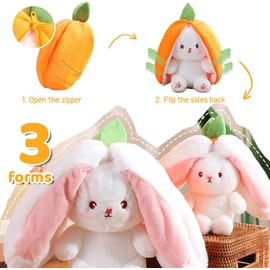 MIAODAM Cuddly Bunny Stuffed Animal, Kawaii Squishy Cute Easter Bunny Plush Turn Into Rabbit Fruit Doll Carrot Strawberry Pillow, Plushies Funny Bunny Toy for Baby (Carrot Rabbit, 10inch)