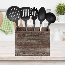 Relaxdays Kitchen Utensil Holder, 2 Compartments for Kitchen Utensils and Cutlery, HBT 17 x 24 x 12 cm, Wooden Cutlery Basket, Dark Brown