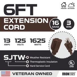 Iron Forge Cable Brown Outdoor Extension Cord 6 ft, 16/3 SJTW 6 Foot Dark Brown Exterior Extension Cord 3 Prong, Weatherproof 13 Amp Heavy Duty Brown Power Cable for Outside, Deck, Landscaping & Lawn