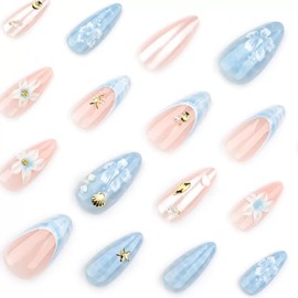 Medium Press on Nails Almond Fake Nails Blue Ombre False Nails with Flower Starfish Design Glue on Nails French Tip Acrylic Nails Glossy Full Cover Stick on Nails for Women Summer Manicure 24Pcs
