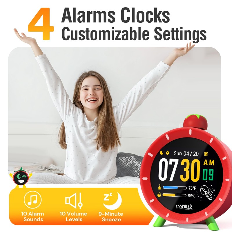MOMILLA Kids Alarm Clock for Bedrooms, Colorful Display 7-Day Programmable