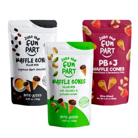 Just The Fun Part, Bite-Size Crispy Mini Waffle Cones with Premium Belgian Chocolate, Great for Snacks, Dessert, Grab & Go - Kosher (Espresso, Pistachio, PB & J Variety Pack)