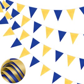 66ft Bunting Banner, Blue Gold Bunting Flags Polyester Fabric Bunting Garland 52pcs Waterproof Flags Reusable Bunting for Home Outdoor Birthday Wedding Party Decoration
