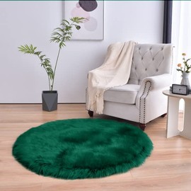duduta Emerald Green Round Faux Sheepskin Fur Rug 4x4 ft, Fluffy Shaggy Circle Rugs for Nursery Bedroom Living Room Decor, Machine Washable