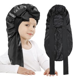 AWAYTR Long Toddler Silk Bonnet for Sleeping Elastic Satin Bonnets for Curly Hair Braid Night Cap for Aged 3-12 Kids (Black)