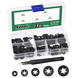 Keadic 325 Pieces M2 M2.5 M3 M4 M5 Inner Tooth Starlock Washers Assortment Set, 65Mn Steel Black Oxide Star Lock Washer, Retaining Clips Fastening Element for Furniture Electric Car