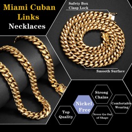 ROWIN&CO Mens 15mm Miami Cuban Link Chain 18k Gold Stainless Steel Curb Necklace for Men & Women, Hip Hop Jewelry, Available in 18"-30", Cuban Gold Chains, Includes Gift Box