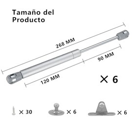 Pistón Elevable de Gas Amortiguador 100 N, Bisagras para Puertas de Cocina 6 Piezas, Soporte Hidráulico con Cierre Suave para Gabinetes de Cocina, Dormitorio y Baño, Plateado