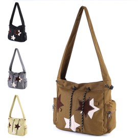 AZURAOKEY Y2K Star Messenger Bag Aesthetic Canvas Crossbody Bag, Cute Tote Bags Kawaii Zipper Shouder Bag for Women