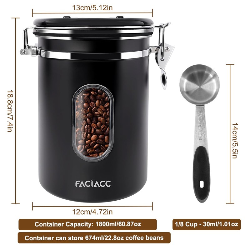 FACIACC Airtight Coffee Canister, 1800ML Stainless Steel Coffee Container with