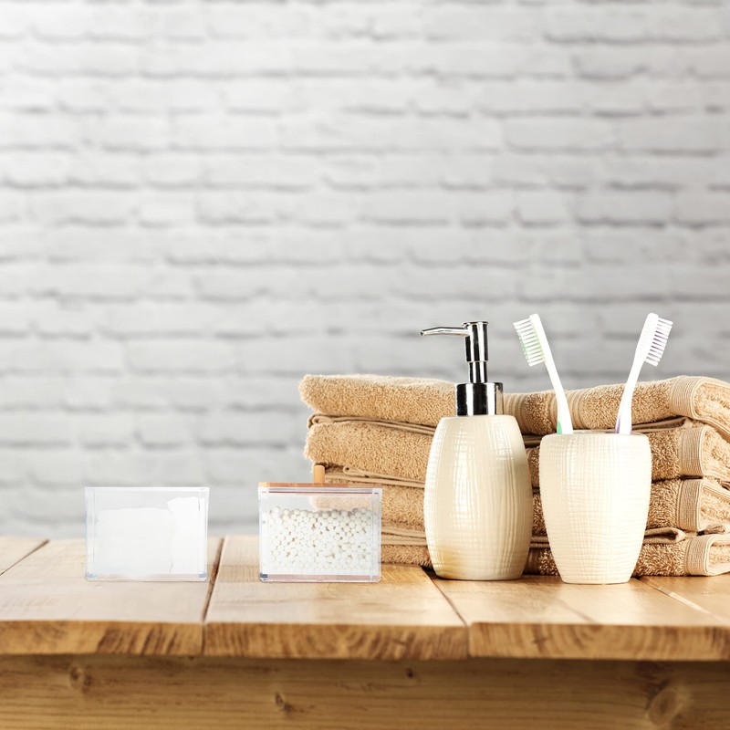 Relaxdays Cotton Buds Container, Plastic, Bamboo Lid, Cotton Pad Holder,