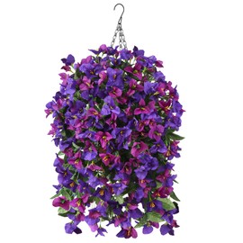 Homsunny Artificial Fake Flowers Hanging Basket for Outdoor, Faux Hanging Flower in Planter UV Resistant Silk Bougainvillea Look Real for Spring Outside Front Porch Patio Balcony Decoration