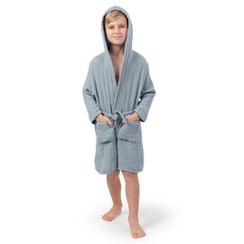 Comfy Cubs Muslin Bath Robe for Kids, Pacific Blue 6-7 Years – 100% Cotton, 4-Layer Absorbent Muslin Fabric, Hooded with Pockets and Belted – Ideal Cotton Bathrobe for Bath or Relaxing at Home.