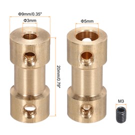 MECCANIXITY 3mm to 5mm Bore Rigid Coupling 20mm Length 9mm Dia M3 Brass Shaft Coupler Connector for 3D Printers DIY Car Boat Copper Tone, with 8pcs Coupling, 32pcs Screws, 2pcs Wrench
