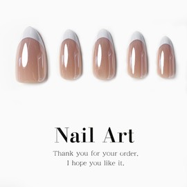 French Tip Press on Nails Short Almond Nude Fake Nails,Pearl Powder Glue on Nails Glossy Shiny Stick on Nails Gel Set, Chrome Mirror Natural Reusable Acrylic False Nail Kit for Women 24Pcs