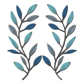 Zhengmy 2 Pieces Metal Tree Leaf Wall Decor Vine Olive Branch Leaf Wall Art Living Room, Hallway Wall Decor Outdoor Decoration(Vintage Blue)