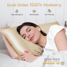 100% Pure Mulberry Silk Pillowcase for Hair and Skin - Allergen Resistant Dual Sides,600 Thread Count Silk Bed Pillow Cases with Hidden Zipper,1pc,Queen Size,Champagne