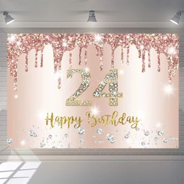 Happy 24th Birthday Decorations Backdrop Banner for Women Happy 24 Years Old Party Sign Poster Woman 24th Birthday Rosegold Photography Background 24th Birthday Party Supplies, 150x90cm