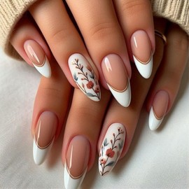 Almond Press on Nails Medium Length Fake Nails with Flower designs Spring Stick on Nails Glossy White French Tip Press ones False Nails Gel Glue on Nails for Women Girls Summer 24pcs