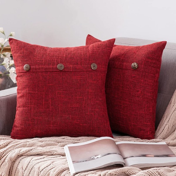 MIULEE Set of 2 Decorative Linen Throw Pillow Covers Cushion Case Triple Button Vintage Farmhouse Pillowcase for Couch Sofa Bed Decor 18 x 18 Inch Wine Red