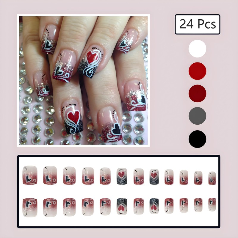 24 Pcs Valentine's Day Press on Nails Short Square Fake