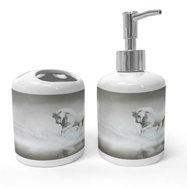 Ambesonne Horses Soap Dispenser & Toothbrush Holder Set, Wild Horse Running Through Water Dramatic for The Motivation of Life Art, Ceramic Bathroom Toiletry Accessories, 2 Pcs, Black and White