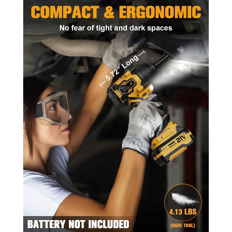 EWORK 21V 1/2" Cordless Impact Wrench 775 Ft-lbs, Brushless Compact