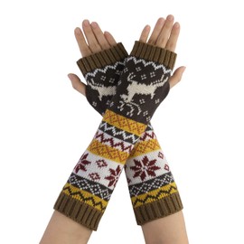 Allegra K Women's Fingerless Glove Winter Knit Thumb Elbow Length Arm Warmers Flat Size:30x8cm/11.8x3.14(L*W) Light Taupe-Deer