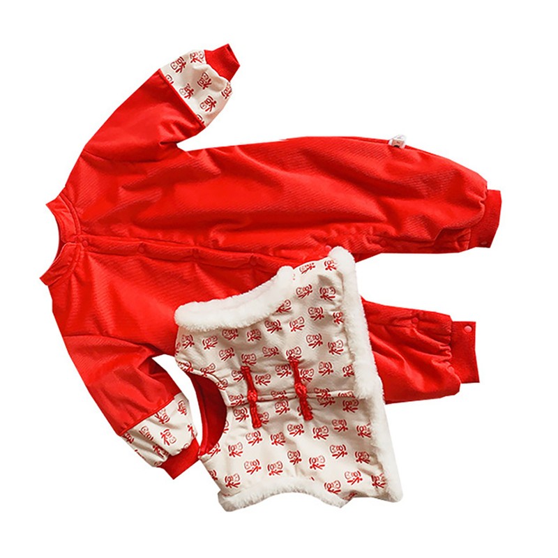 Chinese New Year Baby Romper Cotton Vintage Coil Buckle Festive