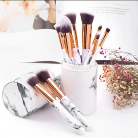 10-Piece Marble Makeup Brush Set with Travel Case – Soft Synthetic Bristles for Blending, Contouring, Eyeshadow & Face Makeup – Elegant Rose Gold Design