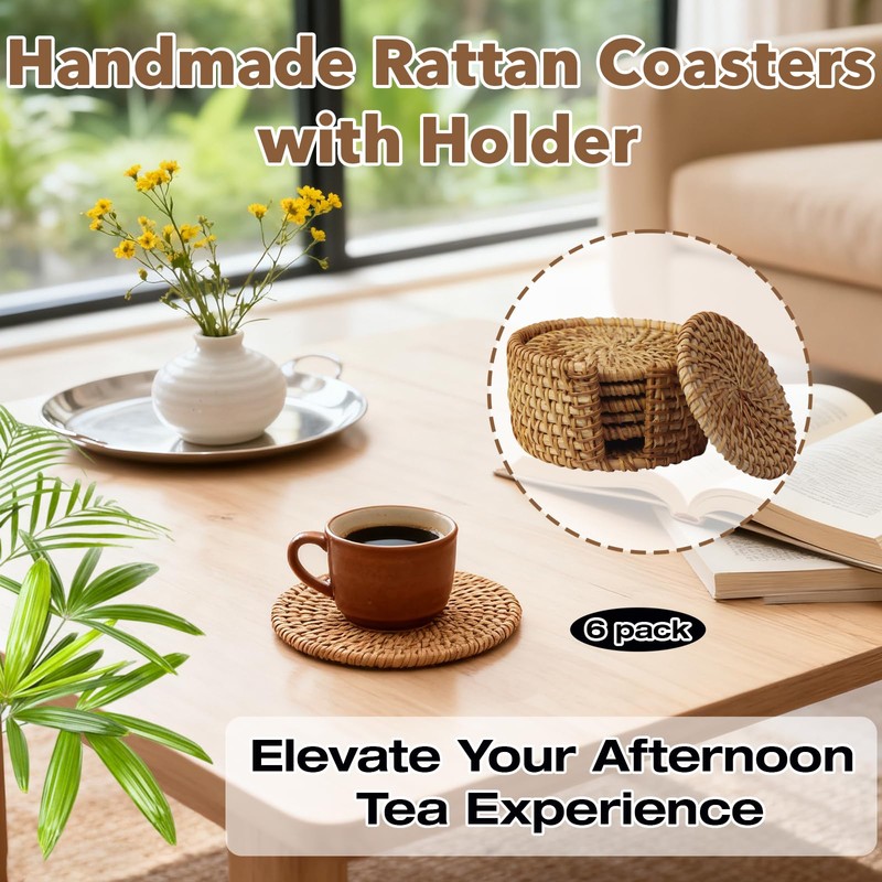6-Pack Handmade Rattan Coasters with Holder, Modern Farmhouse and Boho
