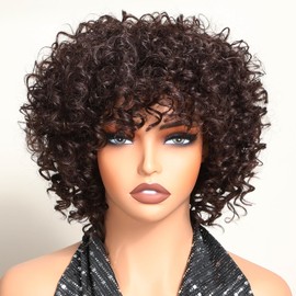 X-TRESS Mittelbraune lockige Kunsthaarperücke für schwarze Frauen, kurze lockige Afro-Perücke mit Pony, hitzebeständiges Kunsthaar