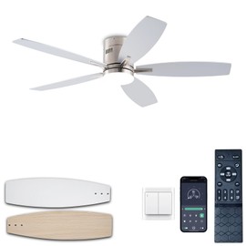 KNUN 52-inch Ceiling Fan with Light and Remote/App Control, Flush Mount Low Profile, Reversible DC Motor, Nickel Modern Ceiling Fan with Light, Dimmable,Noiseless,for Bedroom Living Room