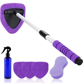 XINDELL Windshield Cleaner Tool – 24-inch Pink Car Interior&Exterior Window Cleaning Kit with Extendable Handle & 4 Microfiber Pads, Auto Wiper Brush for Car, Trucks, SUVs, RVs & Home -Gift for Women
