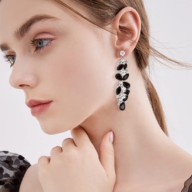 EVER FAITH Teardrop Round Marquise Shaped Rhinestone Crystal Flower Cluster Dangle Pierced Earrings Black Silver-Tone