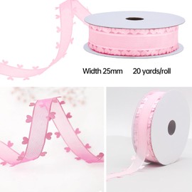 25 mm x 18 m Pink Ribbon with Hearts, Smavles 2 Rolls Gift Ribbon Heart Ribbon, Hearts Organza Ribbon, Tulle Ribbon, Decorative Ribbon for Car, Wedding, Table Decoration, Hair Bow, DIY