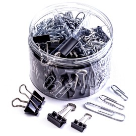 Officemate 340 Assorted Paper Clips and Binder Clips, Re-usable Storage Tub, Silver/Black (31040)