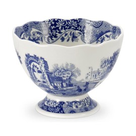 Spode Blue Italian 4.75-Inch Footed Bowl - Decorative Scalloped Edge Serving Bowl with Blue Countryside Design - Elegant Accent Tableware for Salads, Fruit, Sides in Classic Dinnerware Style