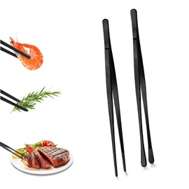 2 12-inch Kitchen Thin Tweezers, Stainless Steel Cooking Anti-Slip Long Tweezers, Food Tongs, Service Tongs, Suitable for Barbecuing, Seafood, Serving Food, Pasta, Salad (Black)