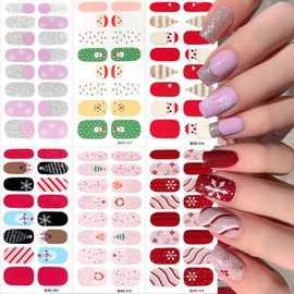 Christmas Gel Nail Strips Self-Adhesive Christmas Nail Stickers Full Nail Wraps Winter Snowflak Nail Polish Strips Glitter Santa Claus Design Gel Nails Decals for DIY Christmas Nails Salon 6Sheets