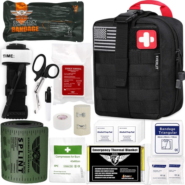 EVERLIT Emergency Trauma Kit GEN-I with Aluminum Tourniquet 36" Splint, Military Combat Tactical IFAK for First Aid Response, Critical Wounds, Gun Shots, Severe Bleeding Control (GEN-1 Black)