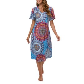 Hotolove Women's Sleepwear Casual Nightshirts Long Nightgown Full Slip Sleep Nightshirt Sleepwear Lounge Dress (X-Large, Mix Blue)