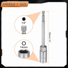 sourcing map 3pcs Nut Driver Drill Bit 14mm Metric Impact Socket 1/4" Hex Shank 6" (150mm) Extra Long 6-Point Sockets Quick-Change CR-V Steel Bolt Setter for Power Drill Drivers