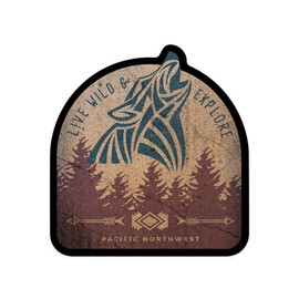 Die Cut Sticker Pacific Northwest, Live Wild and Explore, Wolf Howling, Contour Vinyl Sticker 1 to 3 inches (Waterproof Decal for Cars, Water Bottles, Laptops, Coolers), Small