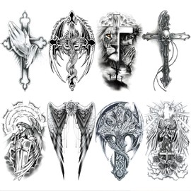 Realistic Cross Wing Temporary Tattoo for Men, Large Half Sleeve Black Religious Holy God Jesus Fake Tattoo Tribal Adult Teen, Christian Pray Hand Temp Tatoo Sticker Arm Chest Body Art Makeup, 8-Sheet