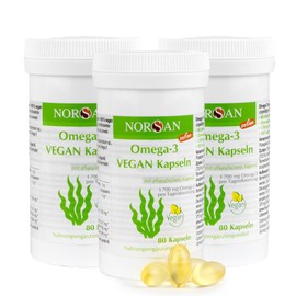 NORSAN Premium Omega 3 Vegan Capsules Pack of 3 (3 x 80 Pieces) - 1,700 mg Omega 3 per Daily Dose - Vegan Algae Oil Capsules with High EPA & DHA Content - Algae Oil from Sustainable Cultivation