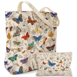 Miss Adola Aesthetic 2 Pack Canvas Tote Bag - with Makeup Pouch Zipper Bag for Women Line Butterfly Reusable Grocery Cotton Cloth Shoulder Bag for Gym, Travel, Work